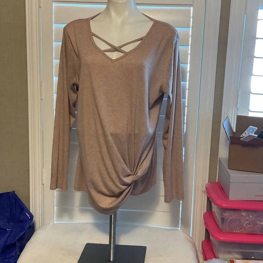 Source Unknown Taupe Long Sleeve Top with Criss-Cross Neckline